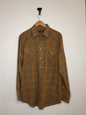 Roper Men's Tan Plaid Western Button-Down Shirt with Blue Stripe